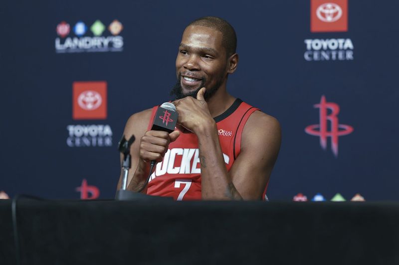 Sep 29, 2025; Houston, TX, USA; Houston Rockets forward Kevin Durant (7) talks to media during Houston Rockets media day at Toyota Center. Mandatory Credit: Troy Taormina-Imagn Images