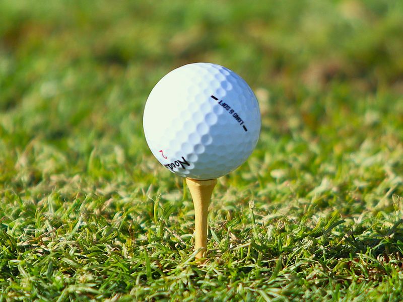 A golf ball sits on a tee at Olde Scotland Links in Bridgewater, MA on Oct. 7, 2025.