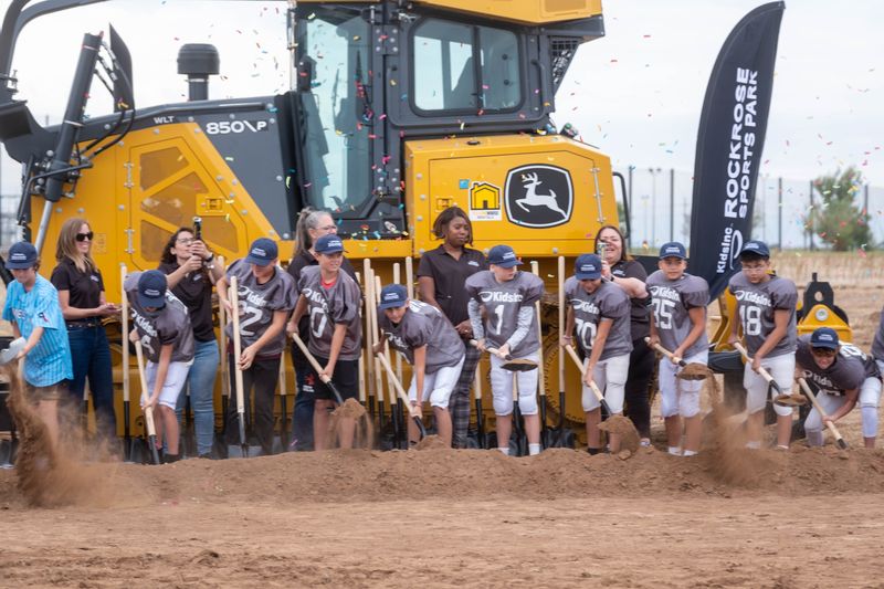 Kids Inc. athletes turn the first shovels of dirt Tuesday, Oct. 7, 2025, during the groundbreaking ceremony for Rockrose Sports Park in Amarillo. The $30 million, 90-acre complex will serve as a new home for local youth sports programs.