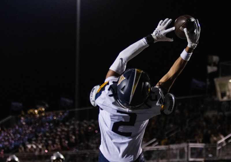Eastwood High School's Jordan Nava (2) makes a catch against Franklin High School during a high school football game at Franklin High School in El Paso, Texas on Friday Oct. 10, 2025.