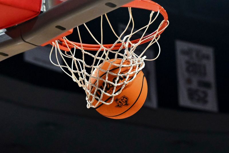 Jan 28, 2025; College Station, Texas, USA; A detailed view of the Texas A&M Aggies logo on a basketball during the second half of a game against the Oklahoma Sooners at Reed Arena. The Aggies defeated the Sooners 75-68. Mandatory Credit: Maria Lysaker-Imagn Images