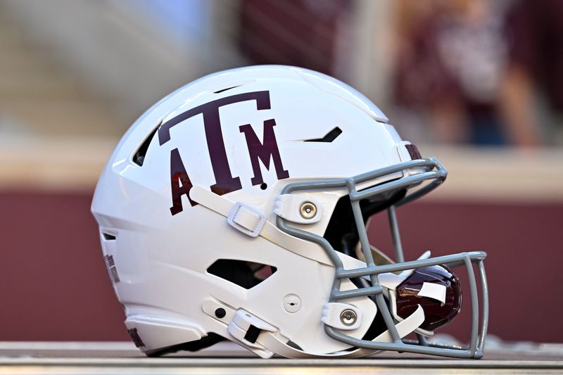 Oct 11, 2025; College Station, Texas, USA; A detail view of a Texas A&M Aggies helmet on the sideline prior to the game against the Florida Gators at Kyle Field. Mandatory Credit: Maria Lysaker-Imagn Images