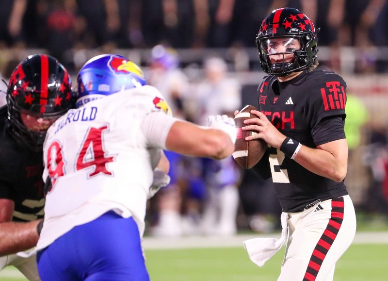 Texas Tech's Behren Morton looks to pass against Kansas during a Big 12 Conference football game, Saturday, Oct. 11, 2025, at Jones AT&T Stadium in Lubbock.