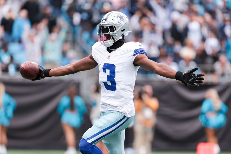Oct 12, 2025; Charlotte, North Carolina, USA; Dallas Cowboys wide receiver George Pickens (3) celebrates a touchdown during the second half against the Carolina Panthers at Bank of America Stadium. Mandatory Credit: Scott Kinser-Imagn Images