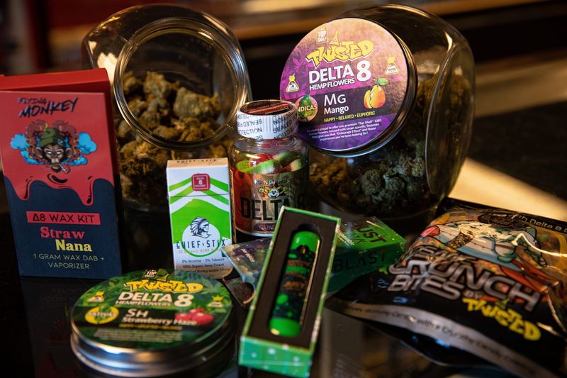 A variety of delta-8 products is displayed at a store in Corpus Christi on Nov. 17, 2021.