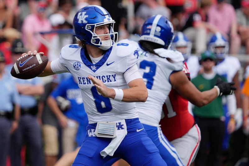 Kentucky quarterback Cutter Boley (8) throws a pass during the second half of a NCAA college football game against Kentucky in Athens, Ga., on Saturday, October 4, 2025.