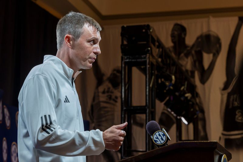 Oct 15, 2025; Birmingham, AL, USA; Texas A&M Aggies head coach Bucky McMillan talks with the media during SEC Media Days at Grand Bohemian Hotel. Mandatory Credit: Vasha Hunt-Imagn Images