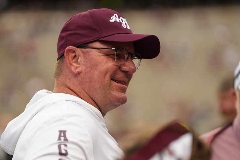 Aug 30, 2025; College Station, Texas, USA; Texas A&M Aggies head coach Mike Elko pregame against the UTSA Roadrunners at Kyle Field. Mandatory Credit: Sean Thomas-Imagn Images