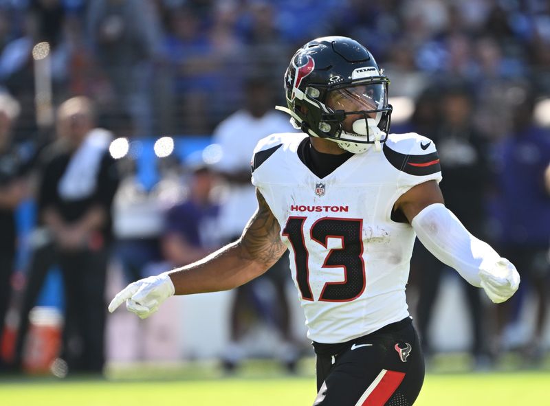 Oct 5, 2025; Baltimore, Maryland, USA; Houston Texans wide receiver Christian Kirk (13) reacts during the fourth quarter against the Baltimore Ravens at M&T Bank Stadium. Mandatory Credit: Rafael Suanes-Imagn Images