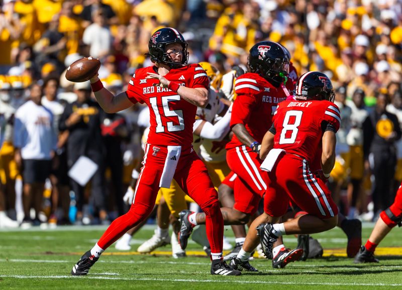 Oct 18, 2025; Tempe, Arizona, USA; Texas Tech Red Raiders quarterback Will Hammond (15) against the Arizona State Sun Devils in the first half at Mountain America Stadium. Mandatory Credit: Mark J. Rebilas-Imagn Images