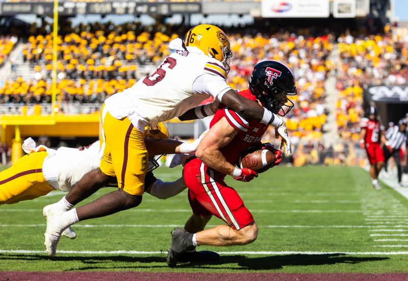 Oct 18, 2025; Tempe, Arizona, USA; Texas Tech Red Raiders wide receiver Coy Eakin (3) catches a touchdown pass against Arizona State Sun Devils safety Adrian Wilson (6) in the first half at Mountain America Stadium. Mandatory Credit: Mark J. Rebilas-Imagn Images