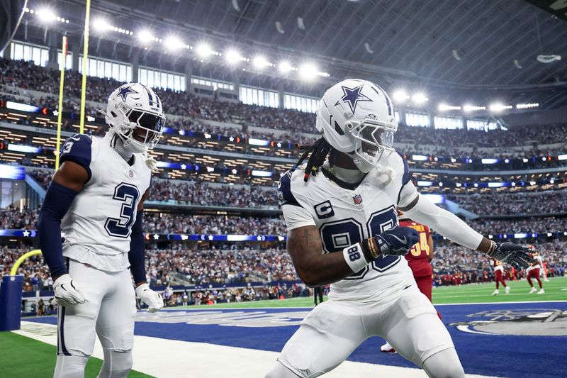Oct 19, 2025; Arlington, Texas, USA; Dallas Cowboys wide receiver Ceedee Lamb (88) celebrates after scoring a touchdown against the Washington Commanders during the first quarter of the game at AT&T Stadium. Mandatory Credit: Kevin Jairaj-Imagn Images