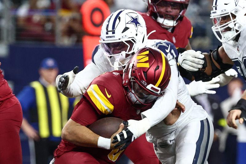 Oct 19, 2025; Arlington, Texas, USA; Dallas Cowboys defensive end Donovan Ezeiruaku (41) sacks Washington Commanders quarterback Marcus Mariota (8) during the fourth quarter of the game at AT&T Stadium. Mandatory Credit: Kevin Jairaj-Imagn Images