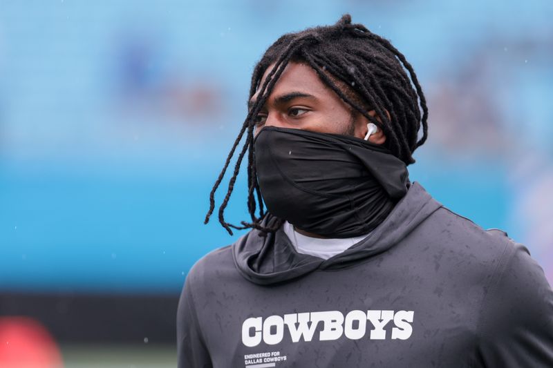 Oct 12, 2025; Charlotte, North Carolina, USA; Dallas Cowboys cornerback Trevon Diggs (7) warms up before the game against the Carolina Panthers at Bank of America Stadium. Mandatory Credit: Scott Kinser-Imagn Images