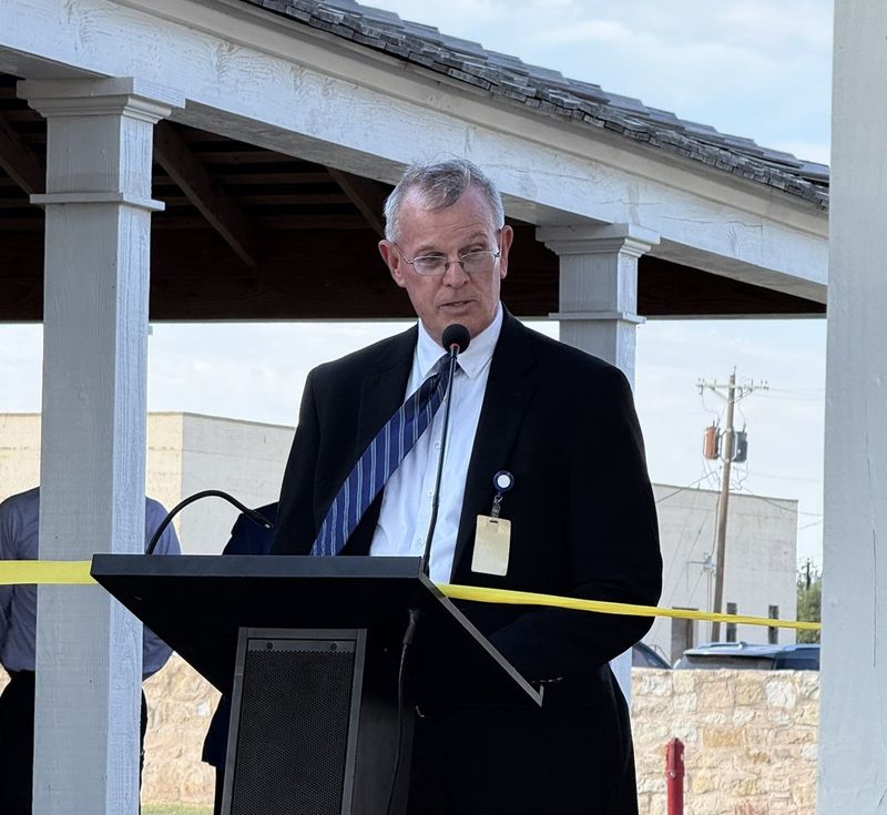 Bob Bluthardt, Fort Concho site manager, speaks Thursday, Oct. 16, 2025, during the celebration of four newly reconstructed buildings at the Fort Concho National Historic Landmark.