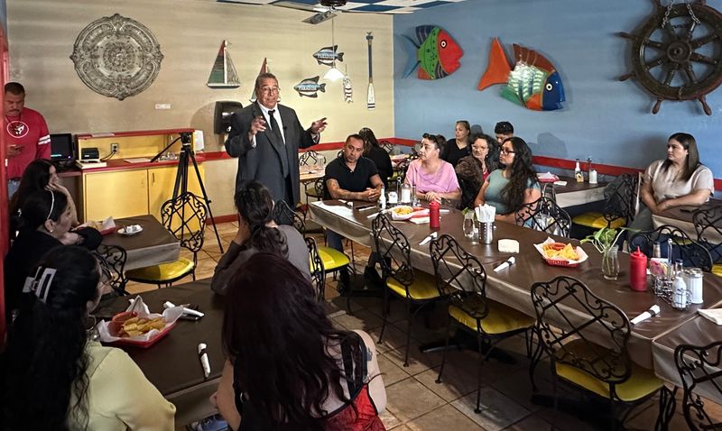 El Paso attorney David Morales, who is representing 35 alleged victims of a real estate scam, provides an update to his clients about their lawsuit against Sierra Title Company on Tuesday, Oct. 21, 2025, at Ay Caramba Restaurant, 1926 Montana Ave.