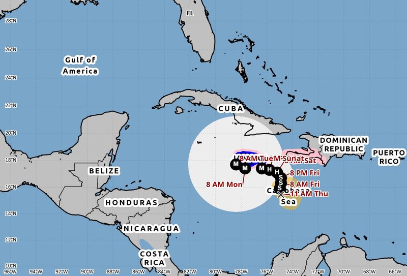 Projected path of Tropical Storm Melissa 11 a.m. Oct. 23, 2025.
