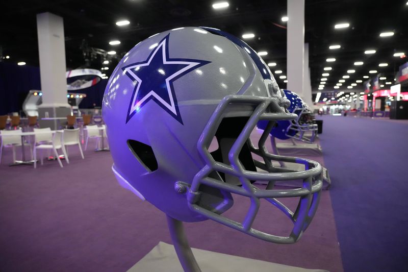 Feb 9, 2024; Las Vegas, NV, USA; A large Dallas Cowboys helmet at the NFL Experience at the Mandalay Bay South Convention Center. Mandatory Credit: Kirby Lee-USA TODAY Sports