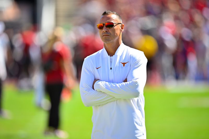 Oct 11, 2025; Dallas, Texas, USA; Texas Longhorns head coach Steve Sarkisian looks on before the game against the Oklahoma Sooners at Cotton Bowl. Mandatory Credit: Jerome Miron-Imagn Images