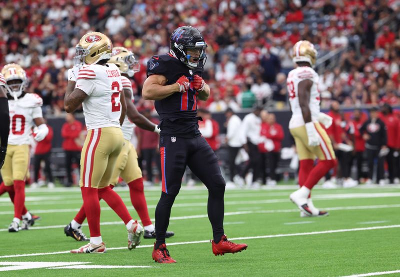 Oct 26, 2025; Houston, Texas, USA; Houston Texans wide receiver Braxton Berrios (17) reacts after a reception during the first quarter against the San Francisco 49ers at NRG Stadium. Mandatory Credit: Troy Taormina-Imagn Images
