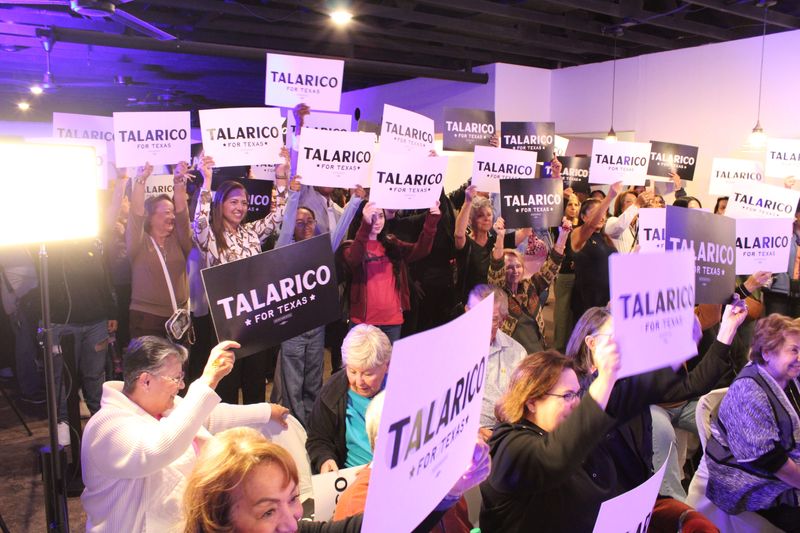 Supporters of state Rep. James Talarico's U.S. Senate campaign hold signs during a campaign rally at El Paso's Firefighters Hall on Wednesday, Oct. 29, 2025.