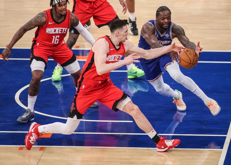 Feb 13, 2021; New York, New York, USA; New York Knicks forward Julius Randle (30) and Houston Rockets forward Rodions Kurucs (middle) fight for a loose ball in the fourth quarter at Madison Square Garden. Mandatory Credit: Wendell Cruz-USA TODAY Sports