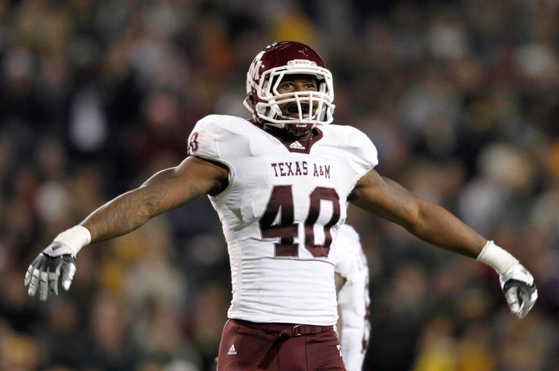 Nov 13, 2010; Waco, TX, USA; Texas A&M Aggies linebacker Von Miller (40) fires up the crowd against the Baylor Bears in the third quarter at Floyd Casey Stadium. Texas A&M defeated Baylor 42-30. Mandatory Credit: Brett Davis-USA TODAY Sports