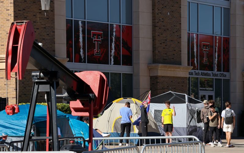 Texas Tech students camping out at the southeast corner of the Jones AT&T Stadium on Nov. 3, 2025 in Lubbock, Texas. Students are staking their spots out to ensure they get into the game where the Red Raiders will face BYU on Saturday.