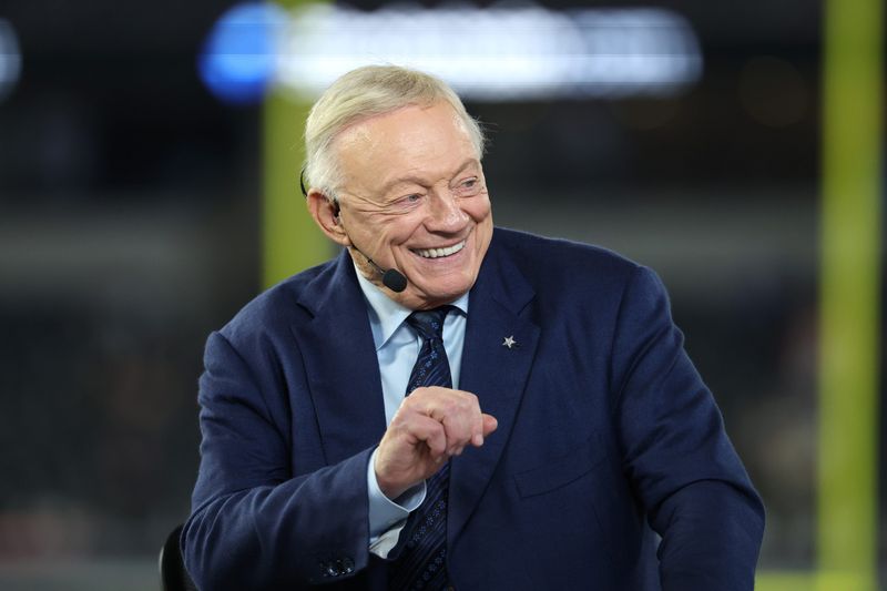 Nov 3, 2025; Arlington, Texas, USA; Dallas Cowboys owner Jerry Jones talks before the game against the Arizona Cardinals at AT&T Stadium. Mandatory Credit: Kevin Jairaj-Imagn Images
