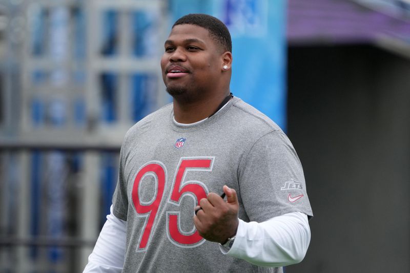 Feb 1, 2025; Orlando, FL, USA; New York Jets lineman Quinnen Williams (95) during AFC Practice for the Pro Bowl Games at Camping World Stadium. Mandatory Credit: Kirby Lee-Imagn Images