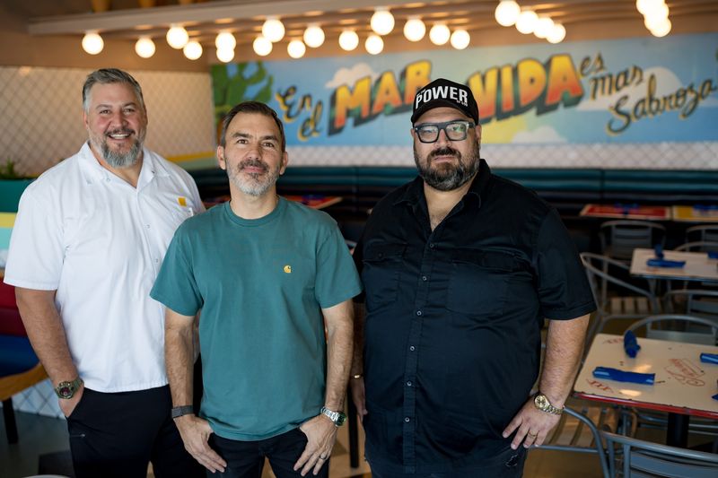 Partners Rudy Valdés, Octavio Gomez, and Nick Salgado stand for a portrait on Tuesday, Nov. 4, 2025, at A Toda Mar, a Mexican seafood restaurant that recently opened at 12890 Eastlake Blvd. in the Eastlake area of Far East El Paso, Texas.