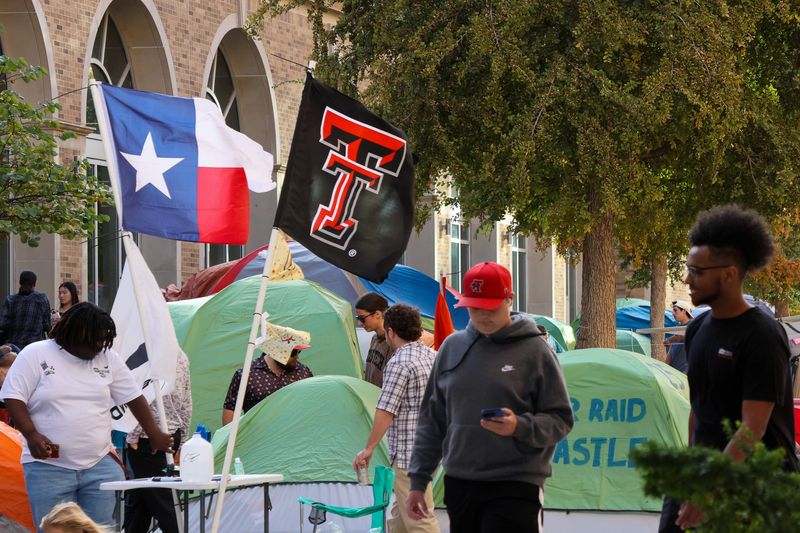 Texas Tech students camp out at the South side of Jones AT&T Stadium on Nov. 5, 2025 in Lubbock, Texas. Students are camping out in anticipation of the Red Raiders v. BYU Cougars football game on Saturday.