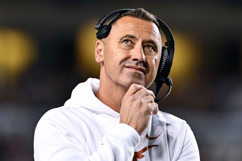 Nov 30, 2024; College Station, Texas, USA; Texas Longhorns head coach Steve Sarkisian reacts during the second quarter against the Texas A&M Aggies. The Longhorns defeated the Aggies 17-7 at Kyle Field. Mandatory Credit: Maria Lysaker-Imagn Images