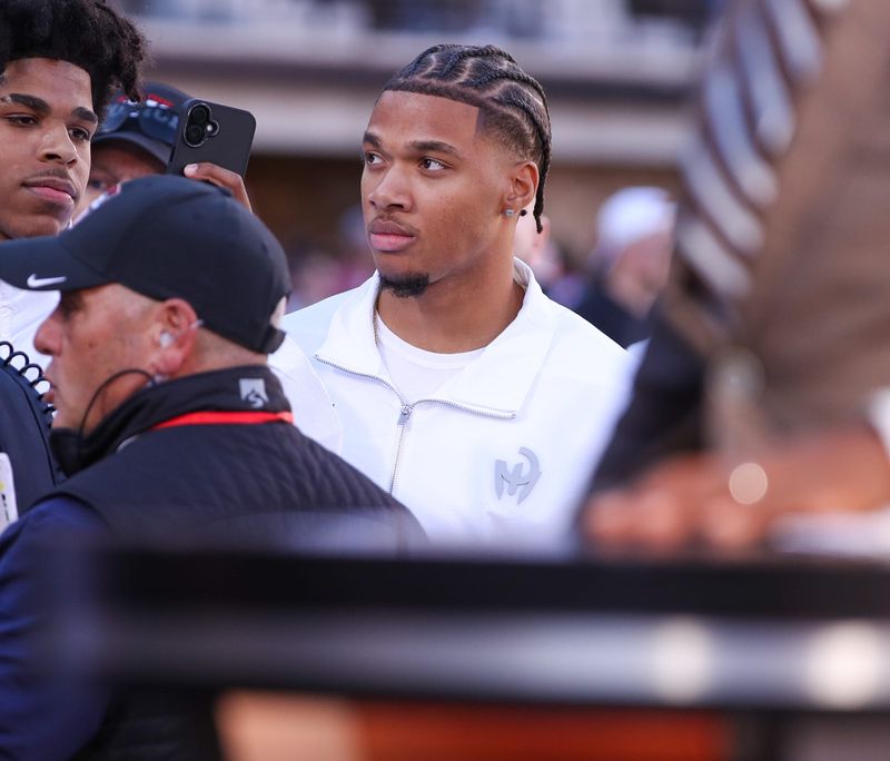 Texas Tech track and field sprinter Malachi Snow looks on during College GameDay before a Big 12 Conference football game, Saturday, Nov. 8, 2025, at Jones AT&T Stadium.