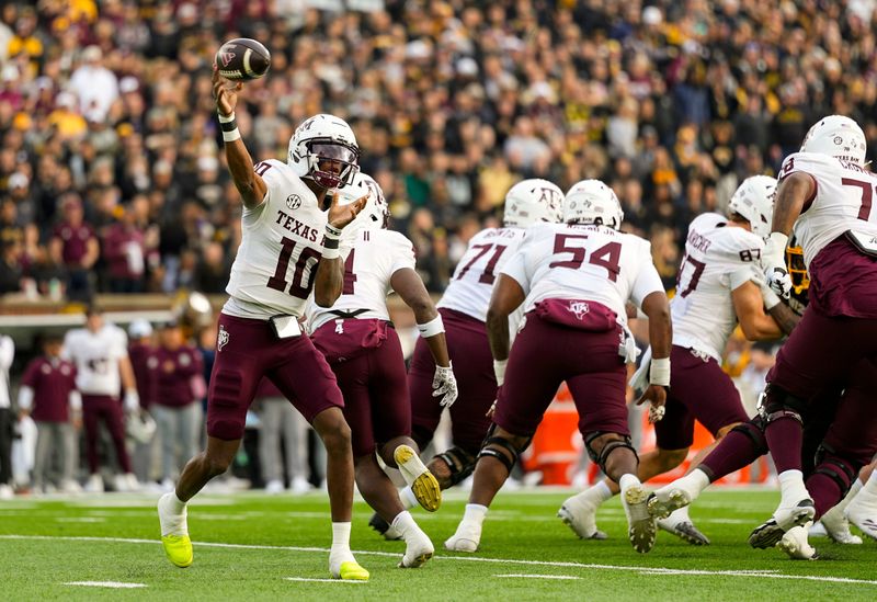 Nov 8, 2025; Columbia, Missouri, USA; Texas A&M Aggies quarterback Marcel Reed (10) throws a pass during the first half against the Missouri Tigers at Faurot Field at Memorial Stadium. Mandatory Credit: Jay Biggerstaff-Imagn Images