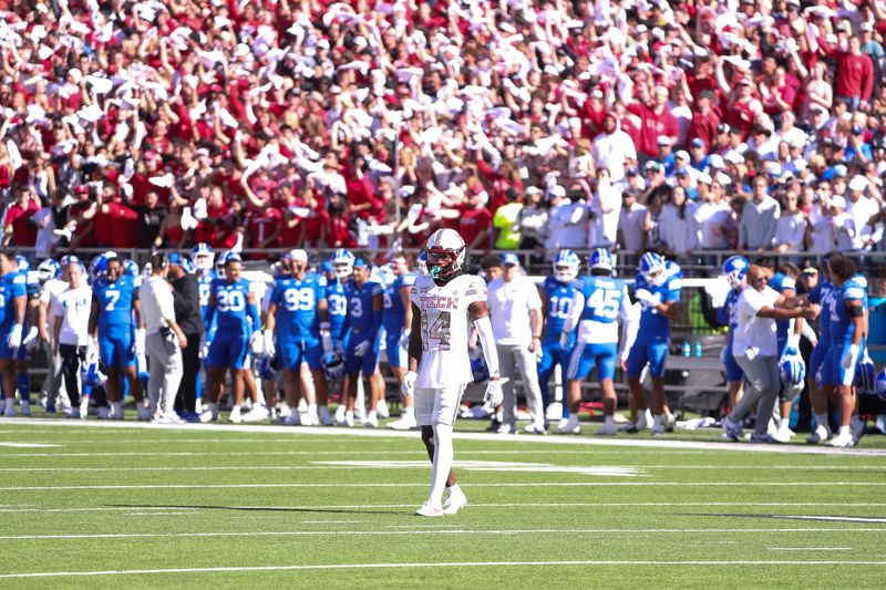 Texas Tech's Brice Pollock stands on the field before a play during a Big 12 Conference football game, Saturday, Nov. 8, 2025, at Jones AT&T Stadium.