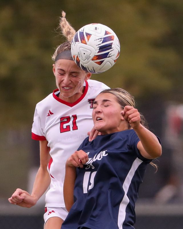 Texas Tech's Molly Skurcenski heads a ball against Utah State during a non-conference women's soccer match, Sunday, Sept. 14, 2025, at John Walker Soccer Complex.