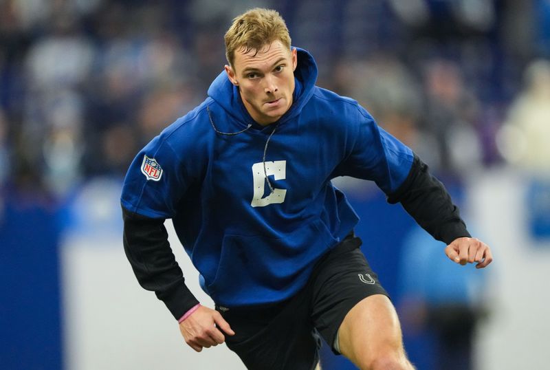 Indianapolis Colts wide receiver Alec Pierce (14) rushes up the field Sunday, Nov. 24, 2024, ahead of the game against the Detroit Lions at Lucas Oil Stadium in Indianapolis.