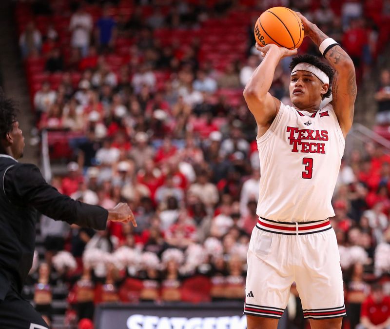 Texas Tech's LeJuan Watts shoots a 3-pointer against Milwaukee during a non-conference men's basketball game, Friday, Nov. 14, 2025, at United Supermarkets Arena.