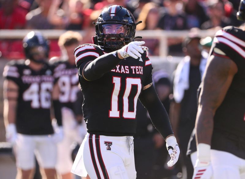 Texas Tech's Jacob Rodriguez calls out the defense during a Big 12 Conference football game, Saturday, Nov. 15, 2025, at Jones AT&T Stadium.