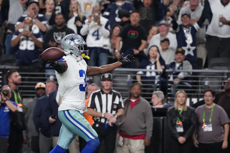 Nov 17, 2025; Paradise, Nevada, USA; Dallas Cowboys wide receiver George Pickens (3) reacts after scoring a touchdown against the Las Vegas Raiders during the first half at Allegiant Stadium. Mandatory Credit: Kirby Lee-Imagn Images