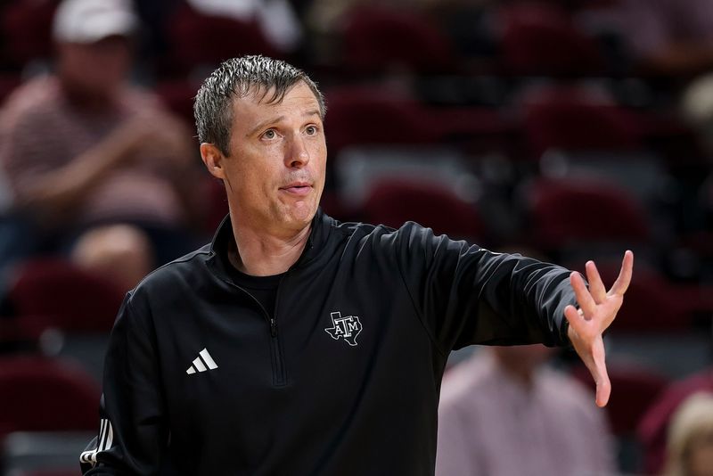 Nov 18, 2025; College Station, Texas, USA; Texas A&M Aggies head coach Bucky McMillan reacts during the second half against the Montana Grizzlies at Reed Arena. Mandatory Credit: Maria Lysaker-Imagn Images