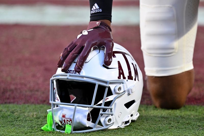 Oct 11, 2025; College Station, Texas, USA; A detail view of Texas A&M Aggies safety Bryce Anderson helmet prior to the game against the Florida Gators at Kyle Field. Mandatory Credit: Maria Lysaker-Imagn Images