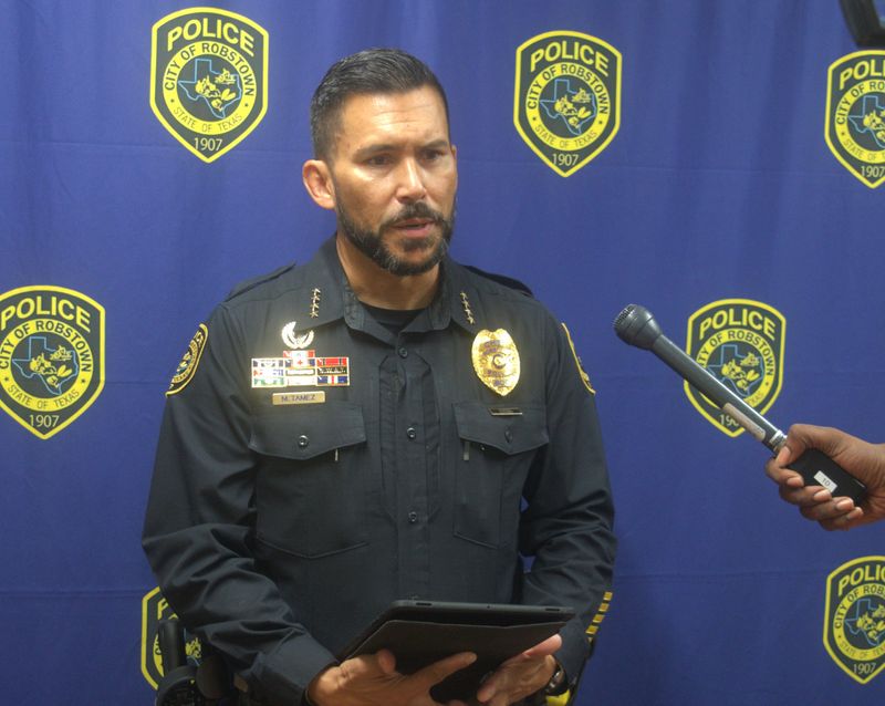 Robstown Police Chief Mike Tamez speaks during a news conference on Nov. 19, 2025, about a fatal shooting that happened in Robstown Nov. 18.
