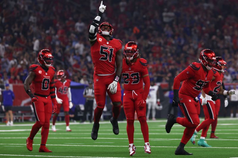 Nov 20, 2025; Houston, Texas, USA; Houston Texans defensive end Will Anderson Jr. (51) celebrates after sacking Buffalo Bills quarterback Josh Allen (17) in the first half at NRG Stadium. Mandatory Credit: Thomas Shea-Imagn Images