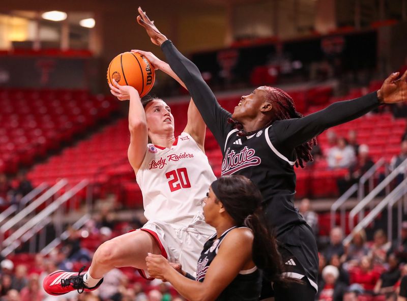 Texas Tech's Bailey Maupin attempts a shot against Mississippi State during a non-conference women's basketball game, Thursday, Nov. 20, 2025, at United Supermarkets Arena.