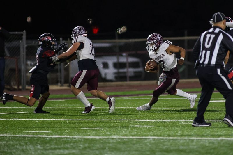 Bovina's Angel Lara runs the ball as Bovina faces Seagraves in a Class 2A Division II area round game Thursday, Nov. 20, 2025 at Wildcat Stadium in Littlefield, Texas.