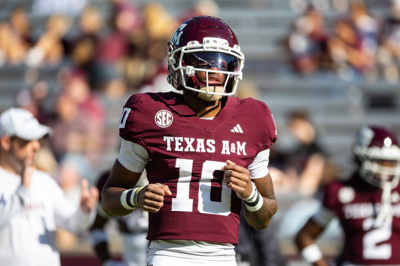 Nov 22, 2025; College Station, Texas, USA; Texas A&M Aggies quarterback Marcel Reed (10) before a game against the Samford Bulldogs at Kyle Field. Mandatory Credit: Joseph Buvid-Imagn Images
