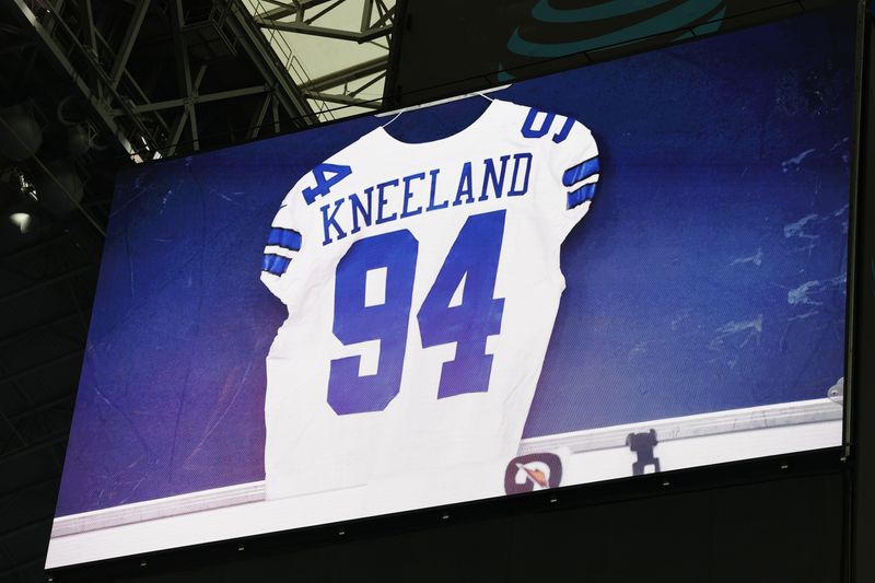 ARLINGTON, TEXAS - NOVEMBER 23: The Dallas Cowboys honor Marshawn Kneeland prior to the game against the Philadelphia Eagles at AT&T Stadium on November 23, 2025 in Arlington, Texas. (Photo by Stacy Revere/Getty Images)