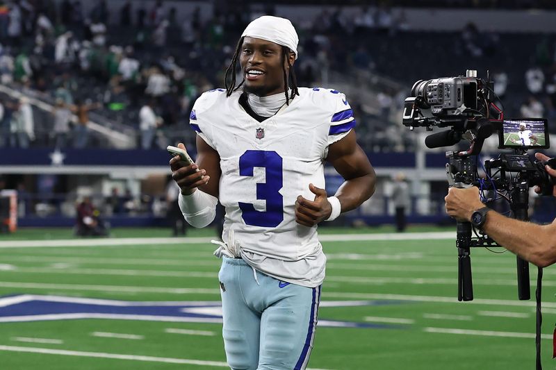 ARLINGTON, TEXAS - NOVEMBER 23: George Pickens #3 of the Dallas Cowboys walks off the field after the game against the Philadelphia Eagles in the game at AT&T Stadium on November 23, 2025 in Arlington, Texas. The Cowboys won 24-21. (Photo by Stacy Revere/Getty Images)